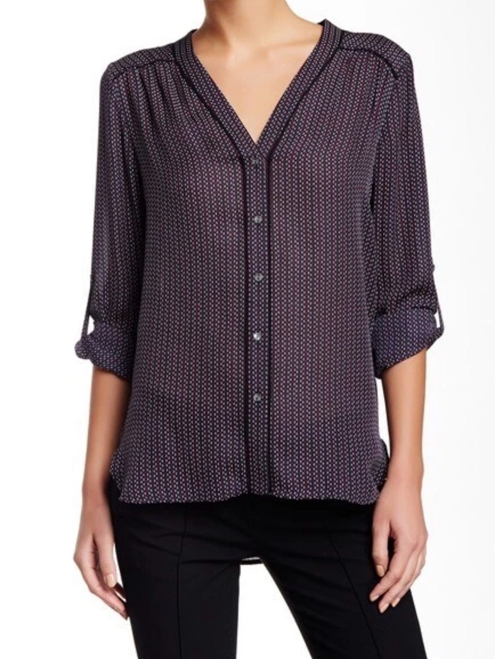 Vince Navy Micro-Print Button-Front V-Neck Blouse